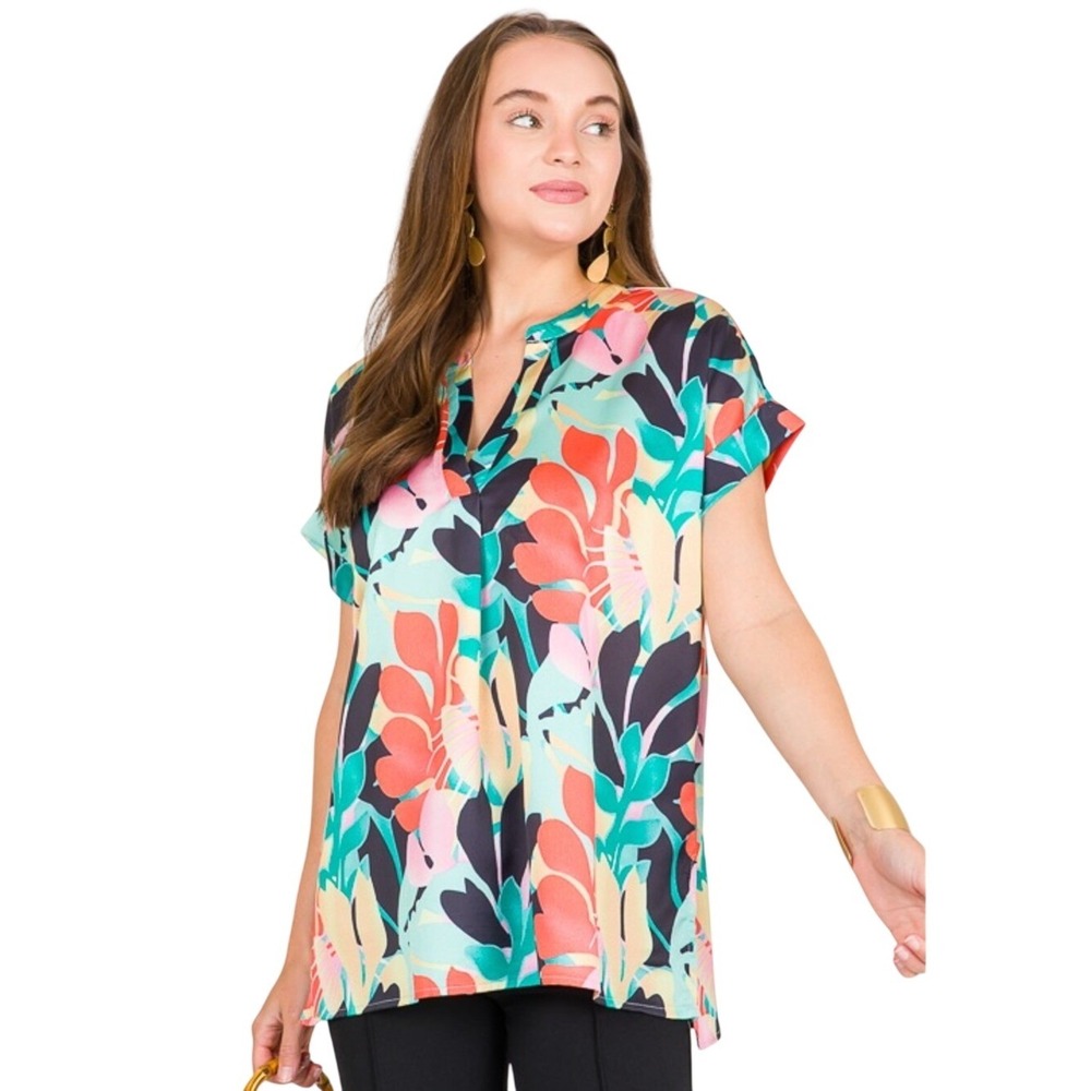 Jodifl Tropical Floral Tunic Blouse L Flowy V Neck Boho Top